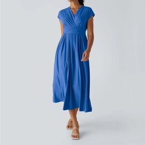 NWT Halara Blue Breezeful Short Sleeve Midi Wrap Dress Lightweight Pockets Sz L
